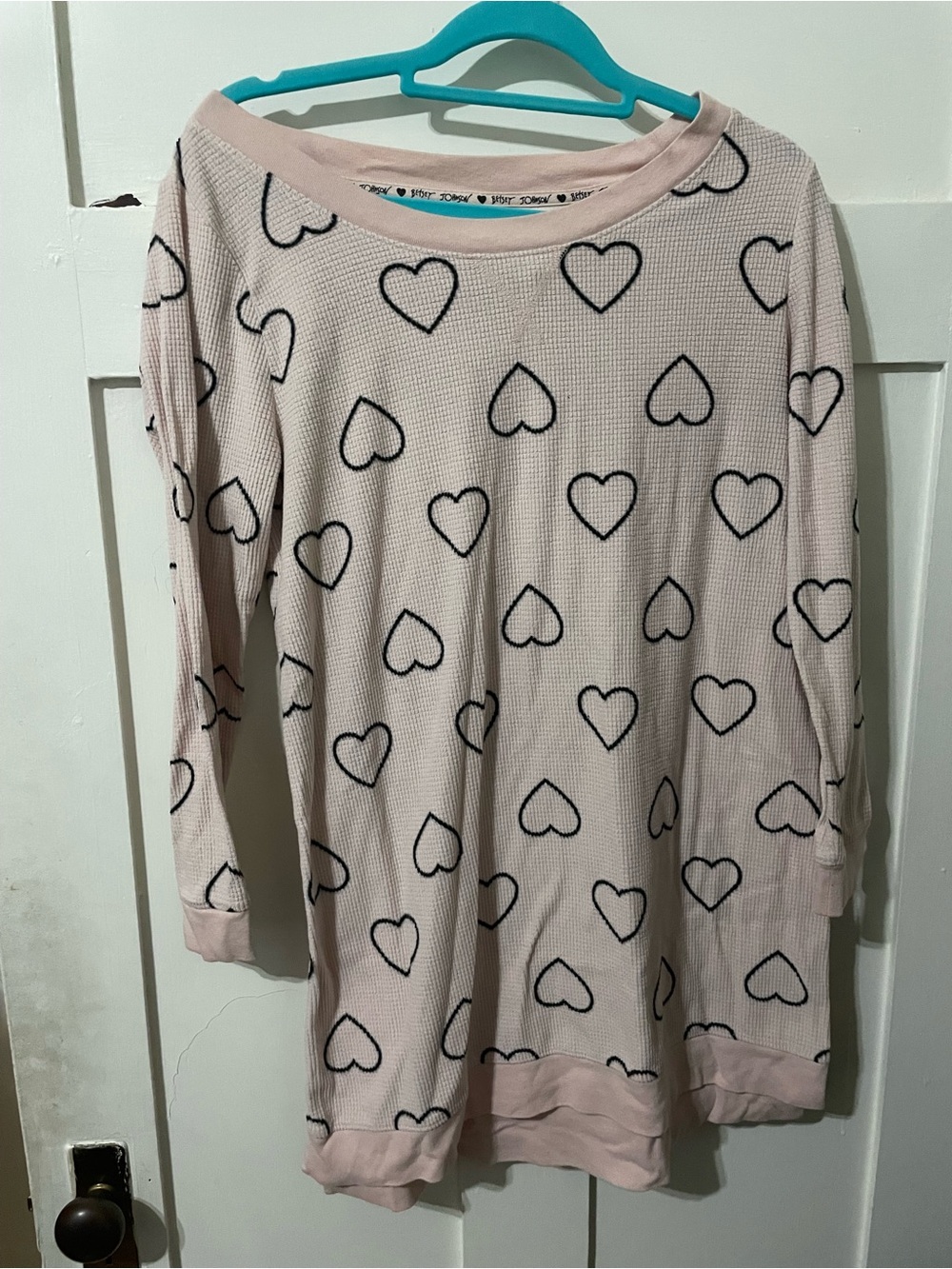 Betsey Johnson Soft Pink and Black Heart Print Long Sleeve Nightshirt